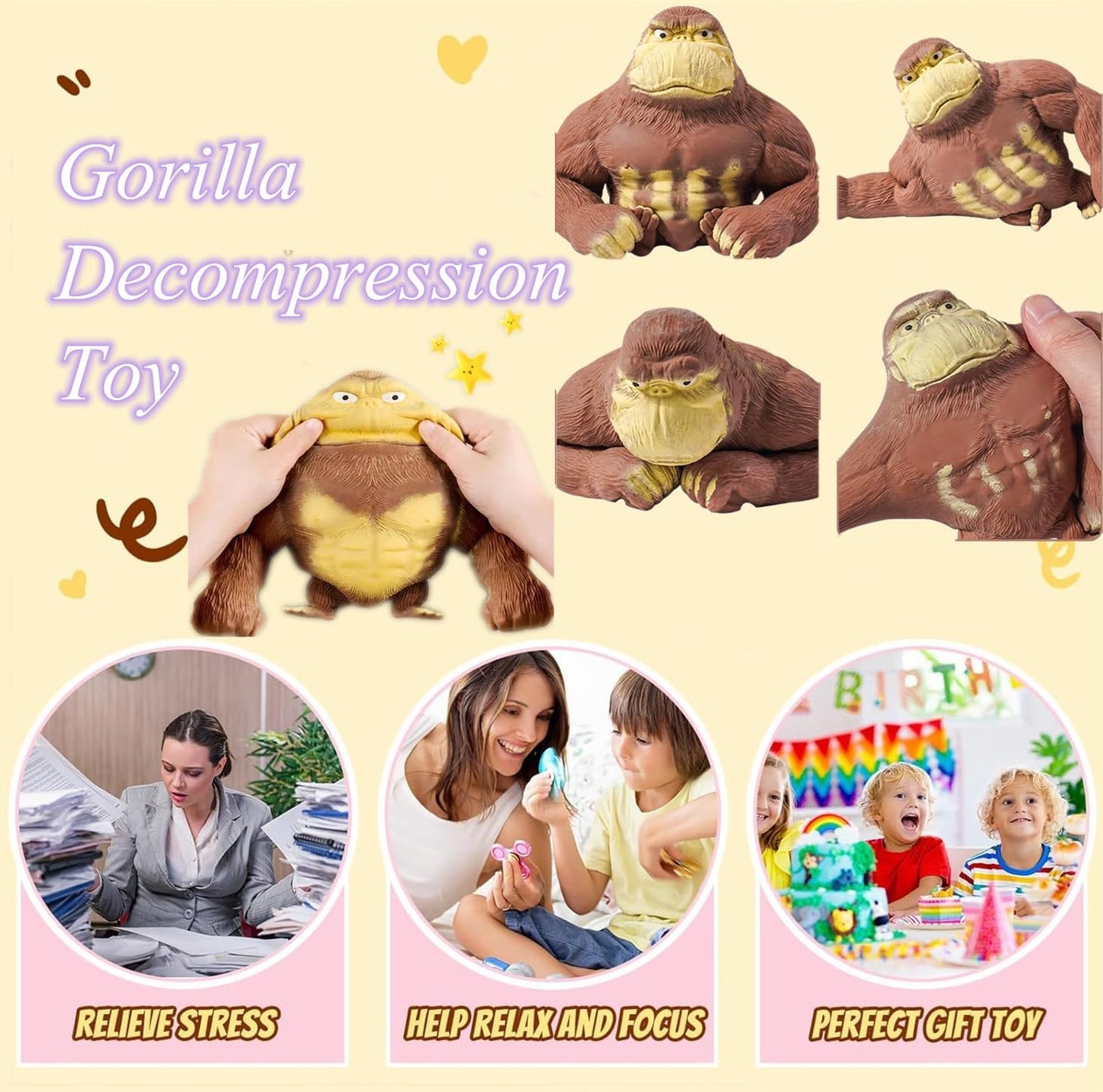 Elastic sand filled rubber gorilla, latex gorilla soft stress relief doll toy, soft monkey toy, animal high elastic stretchable stress relief toy for adults and children
