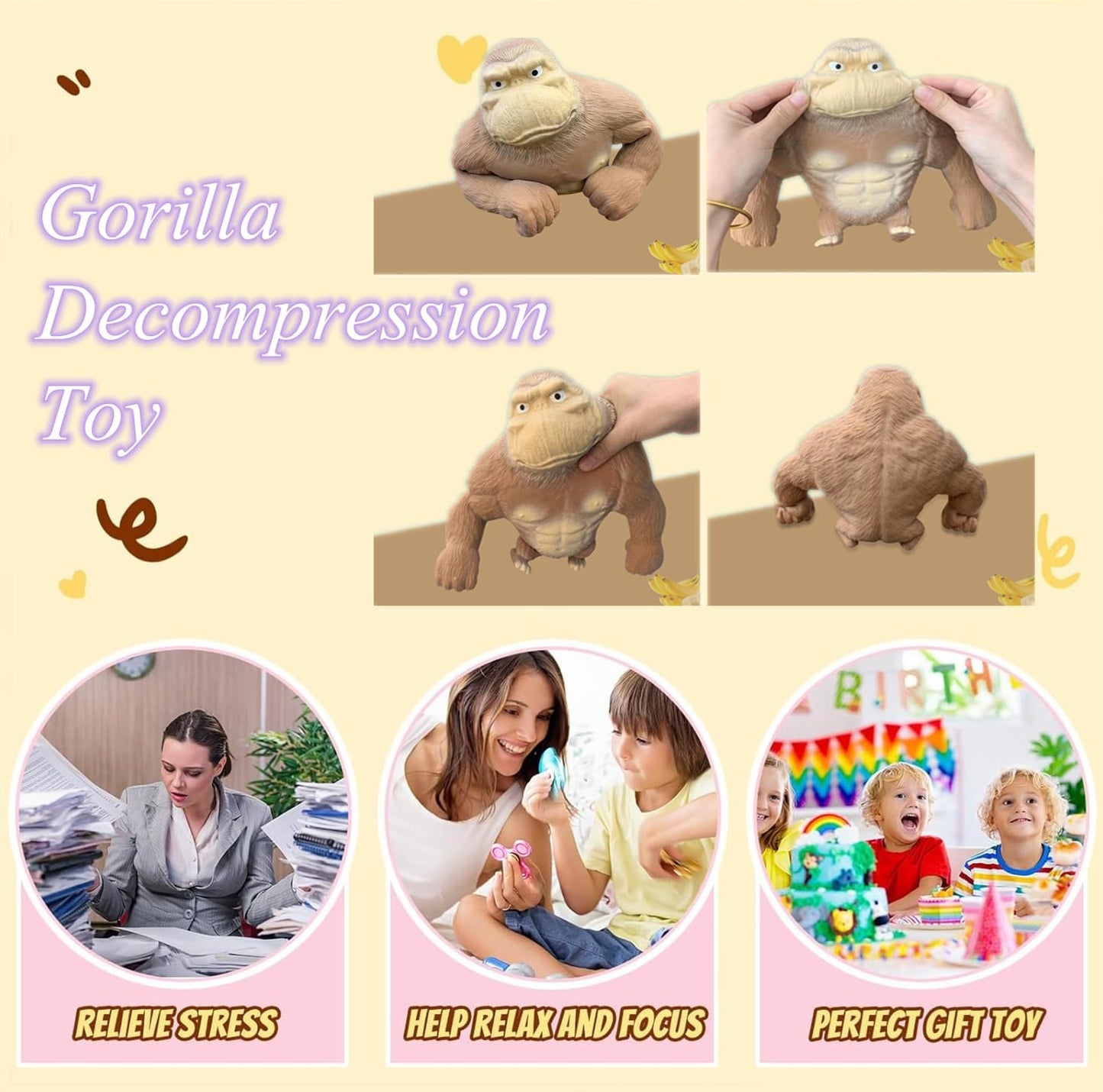Elastic sand filled rubber gorilla, latex gorilla soft stress relief doll toy, soft monkey toy, animal high elastic stretchable stress relief toy for adults and children